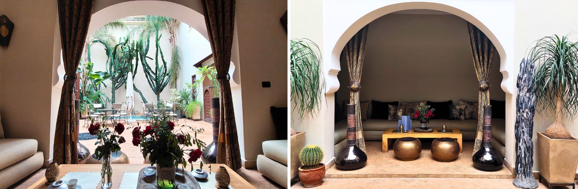 il patio centrale "nasconde" alcune stanze, tra cui un'area relax comodissima per ripararsi dal caldo, per conversare, per prendere il te marocchino in compagnia.