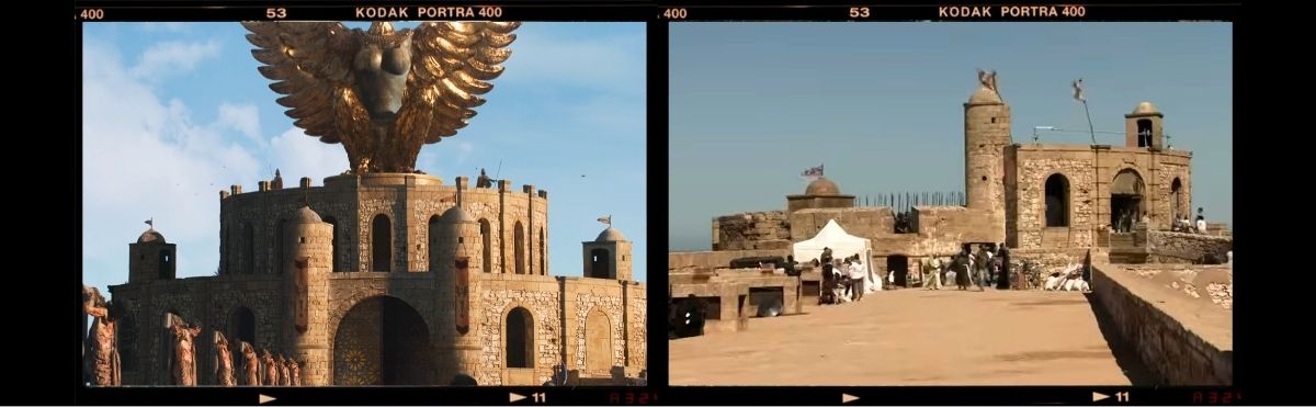 al posto della fortezza degli immacolati, quella reale che vediamo anche nella realtà nella Skala de la ville di Essaouira, qui appare una fortezza decisamente ricostruita in computer grafica