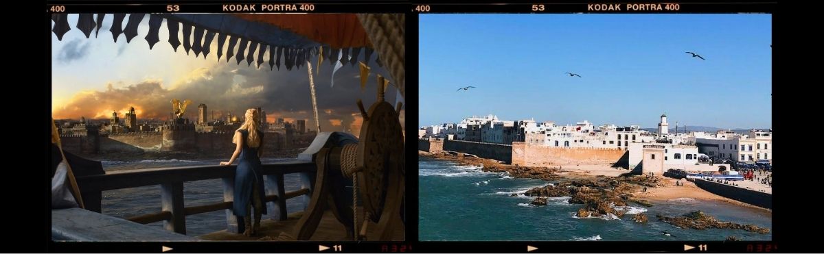 stagione 3 episodio 1 Valar Dohaeris. Al minuto 45 invece vediamo Daenerys sempre sulla nave che ormai sono vicini ad Astapor. Si vede la città vicina ma è completamente trasformata dalla CGI. Dell’originale Essaouira non c’è nulla.
