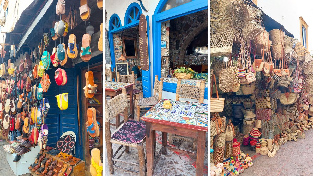 Dimentica il caos devastante (ma super caratteristico) di Marrakech, la Medina di Essaouira è una di quelle che mettono d’accordo tutti: autentica ma molto più semplice da esplorare. Infatti eravamo partiti un po’ prevenuti con l’ansia di trovare lo stesso “delirio” di Marrakech, e invece NO. Essaouira è tutt’altra storia.
Dichiarata patrimonio UNESCO, la Medina di Essaouira ha una struttura più regolare, quasi “a griglia”,poichè progettata con influenze europee. Questo significa che appena entrerai tra le sue imponenti mura sperimenterai meno caos, meno possibilità di perderti e una visita decisamente più rilassata.
Qui puoi passeggiare tra botteghe di artigianato, gallerie d’arte e piccoli negozi locali. Il legno di thuya è uno dei prodotti più caratteristici: lo vedrai trasformato in scatole, mobili e oggetti decorativi. Come al solito le medine marocchine sono sempre un bel trionfo di colori che fanno bene non solo agli occhi ma anche all’umore.