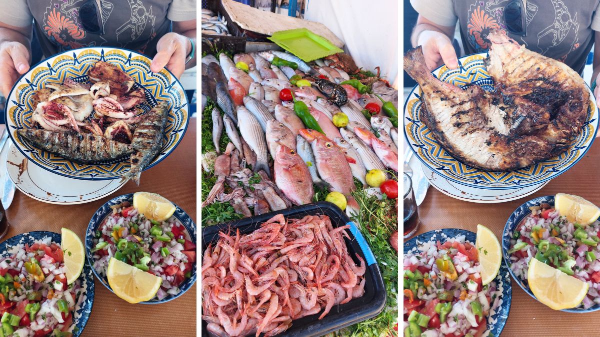 il porto di essaouira è anche il posto giusto per pranzo. Il meccanismo è semplice: scegli il pesce direttamente al banco e lo fai grigliare sul momento. Un’esperienza informale, genuina e decisamente diversa dai ristoranti turistici. Ok, questa pratica ormai è diventata molto turistica, ma mettiamola così: se vuoi farti una mangiata di pesce fresco questa è l’esperienza che fa per te.