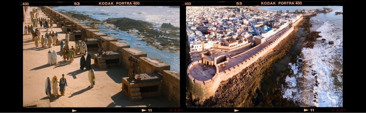 La Skala de la Ville è il sistema difensivo costruito nel XVIII secolo per proteggere la città dagli attacchi provenienti dall’oceano Atlantico.
Ancora oggi puoi camminare lungo questi bastioni osservando file di antichi cannoni puntati verso il mare, mentre il vento colpisce le mura e le onde si infrangono contro le rocce sottostanti, tra vento e salsedine.
È uno dei luoghi più scenografici di tutta Essaouira e, onestamente, anche senza conoscere Il Trono di Spade merita la visita. Nella parte inferiore puoi trovare molte botteghe artigiane scavate all’interno della roccia della fortificazione (Rue Skala). Una sorta di trade d’union con la Medina.
Nella serie la Skala de la Ville è utilizzato per creare l’atmosfera di Astapor e compare in diverse inquadrature che tra poco ti descriveremo. Ed è qui che capisci quanto la produzione abbia scelto bene: la città ha già naturalmente un’estetica cinematografica che è funzionale alla narrazione della storia.
