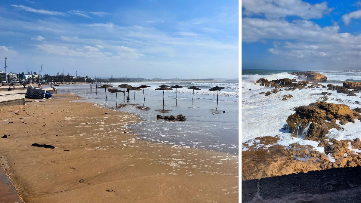 Dopo la visita alla Medina e al porto, il lungomare è la pausa perfetta.
Essaouira è conosciuta come la “città del vento”, quindi è molto amata da chi pratica kitesurf e windsurf.
Noi sinceramente abbiamo amato la zone di Skala de la Ville per l’oceano che si infrange sulle rocce e sui bastioni e per questa particolare atmosfera ventosa che nel nostra caso non è mai stata esagerata.
Anche se non pratichi sport, la lunga spiaggia è ideale per una passeggiata rilassante prima di ripartire. Noi abbiamo trascorso qui l’ultima parte della giornata e l’abbiamo trovata molto rigenerante.