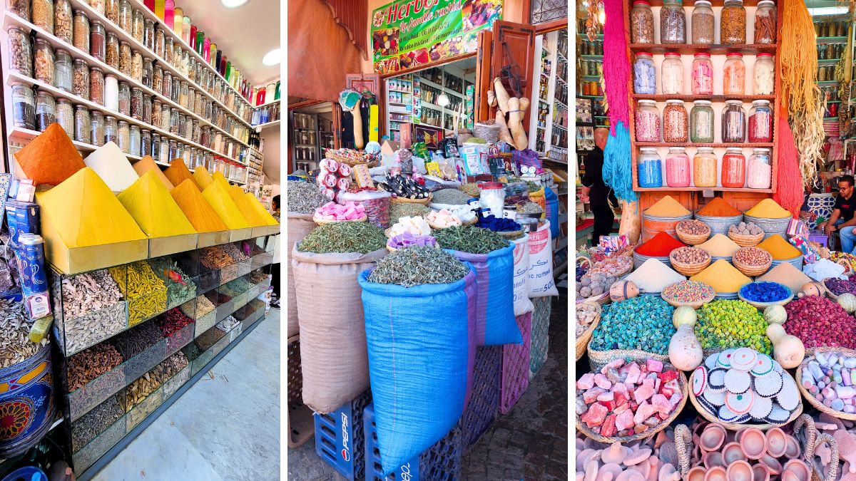 Souk delle Spezie
Tra gli angoli più belli della Medina c’è poi la Place des Epices, chiamata anche Rahba Kedima, o Souk delle spezie. Dopo aver attraversato una serie di vicoli stretti, ci si ritrova improvvisamente in una piazza più aperta, luminosa e meno soffocante rispetto ad altre zone dei souk. Qui l’atmosfera cambia leggermente: ci sono montagne di spezie colorate, ceste in vimini, utensili artigianali, cappelli di paglia ricamati e piccoli negozi pieni di profumi e oggetti tradizionali marocchini.
Dove si trova: nei dintorni della Place des Épices (Rahba Kedima), a nord-est di Jemaa el-Fna.

