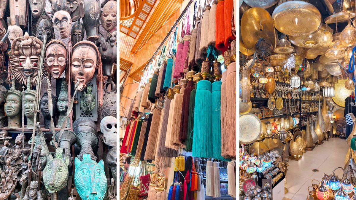 Una delle cose più interessanti della Medina è che i souk non sono semplicemente un insieme casuale di negozi e bancarelle. Storicamente ogni zona era specializzata in un determinato tipo di lavorazione o commercio, e ancora oggi questa organizzazione è rimasta visibile in molte aree della città vecchia.
Passeggiando tra i vicoli si passa continuamente da un’atmosfera all’altra. Ci sono strade dominate dal profumo intenso delle spezie e degli incensi, altre dove le botteghe espongono lanterne in metallo lavorato che riflettono la luce in ogni direzione, altre ancora dove si vedono artigiani lavorare pelle, tessuti o ceramiche praticamente davanti ai passanti.
