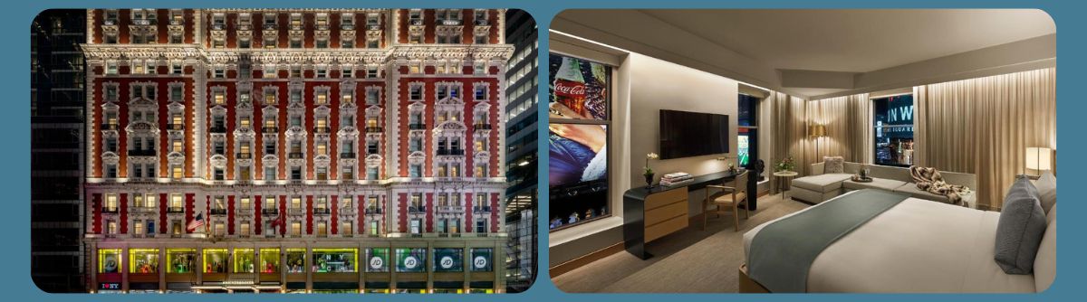 The Knickerbocker hotel È un hotel storico, con un'atmosfera elegante e un'identità diversa rispetto alle strutture più moderne. Tra i suoi elementi caratteristici c'è anche il rooftop St. Cloud.
Lo prenderei in considerazione per chi ama gli hotel con una storia e cerca un soggiorno di fascia alta nel cuore di Manhattan.